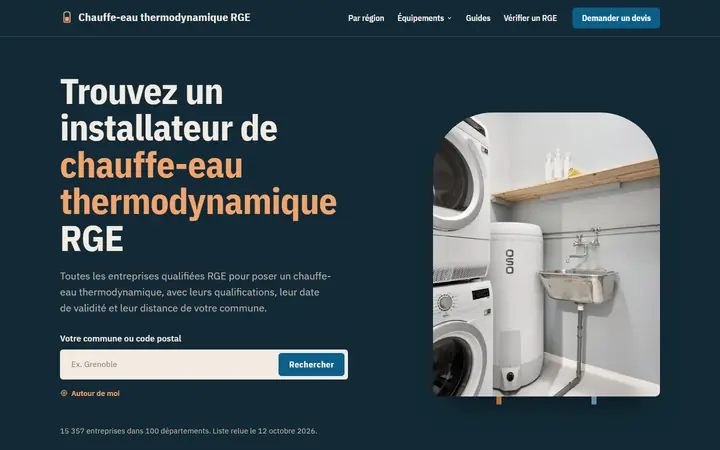 Page d’accueil de la démo de l’annuaire Chauffe-eau thermodynamique RGE