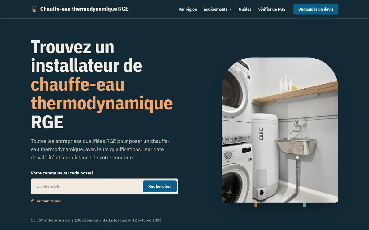 Accueil de l’annuaire Chauffe-eau thermodynamique RGE, vu sur ordinateur