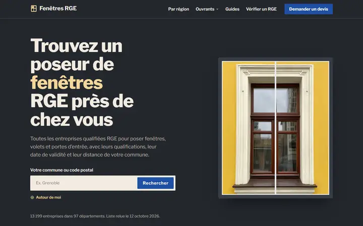 Page d’accueil de la démo de l’annuaire Fenêtres RGE