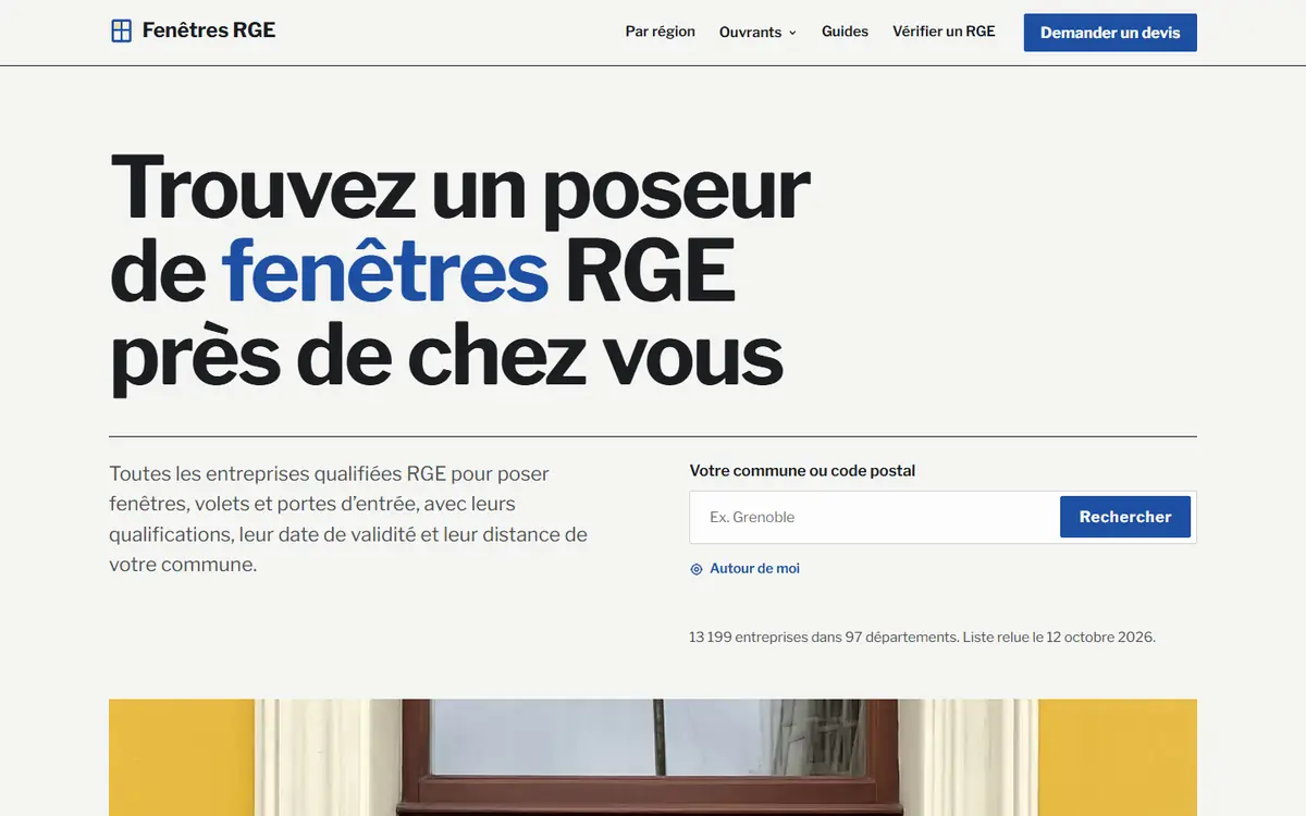 Accueil de la démo Fenêtres RGE sur ordinateur