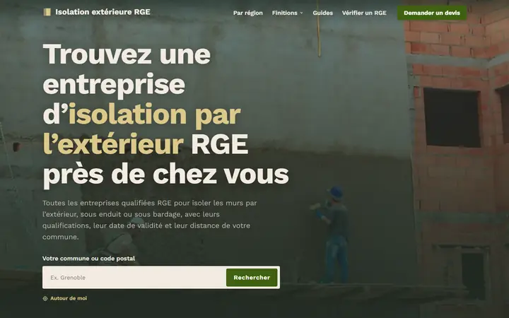 Page d’accueil de la démo de l’annuaire Isolation par l’extérieur RGE