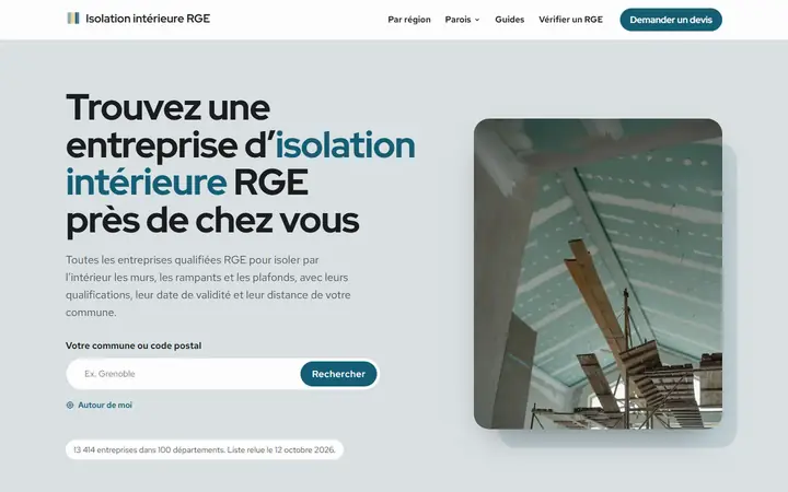 Page d’accueil de la démo de l’annuaire Isolation intérieure RGE