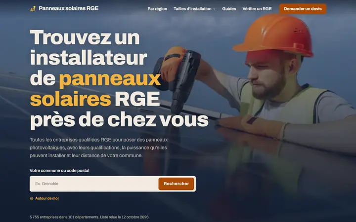 Page d’accueil de la démo de l’annuaire Panneaux solaires RGE