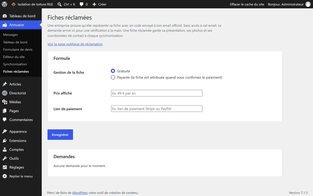 Réglages des fiches réclamées avec le choix gratuit ou payant, le prix et le lien de paiement