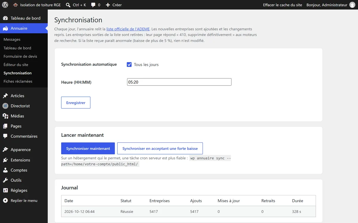 Page Synchronisation avec l’heure de passage et le journal