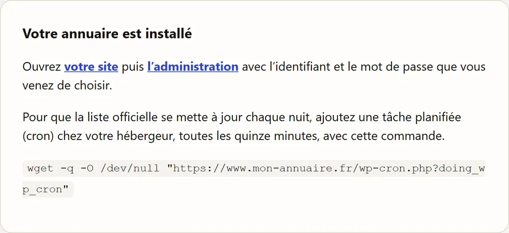 Écran final de l’installateur avec les liens et la commande cron