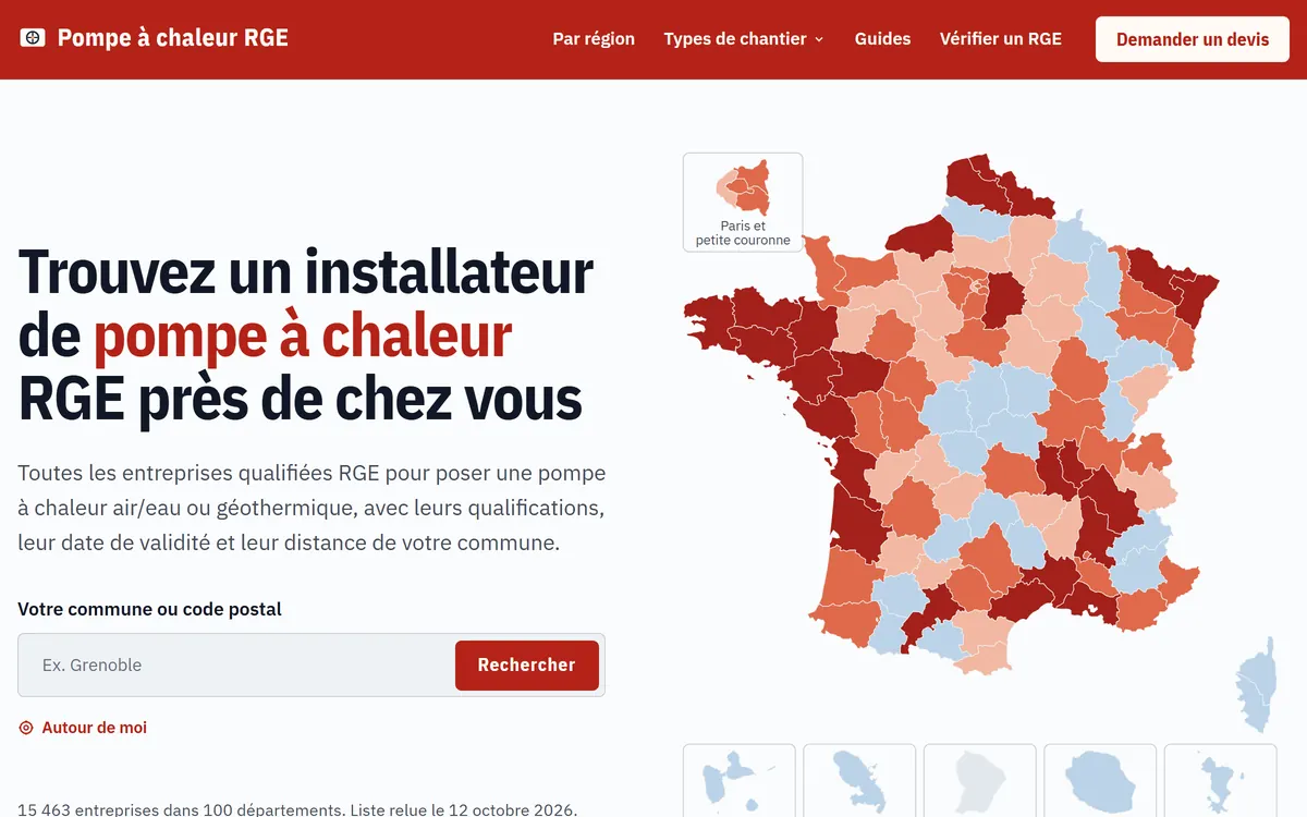 Accueil de l’annuaire des pompes à chaleur avec le champ de recherche par commune