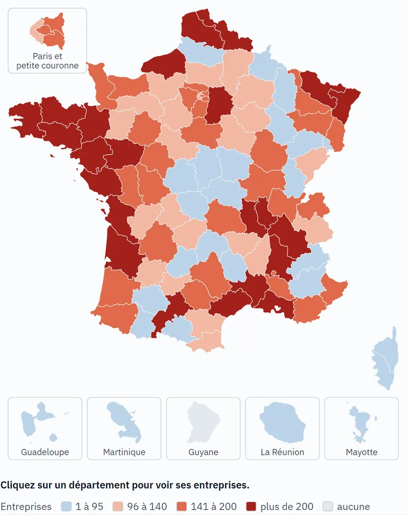 Carte de France des départements colorés selon le nombre d’entreprises