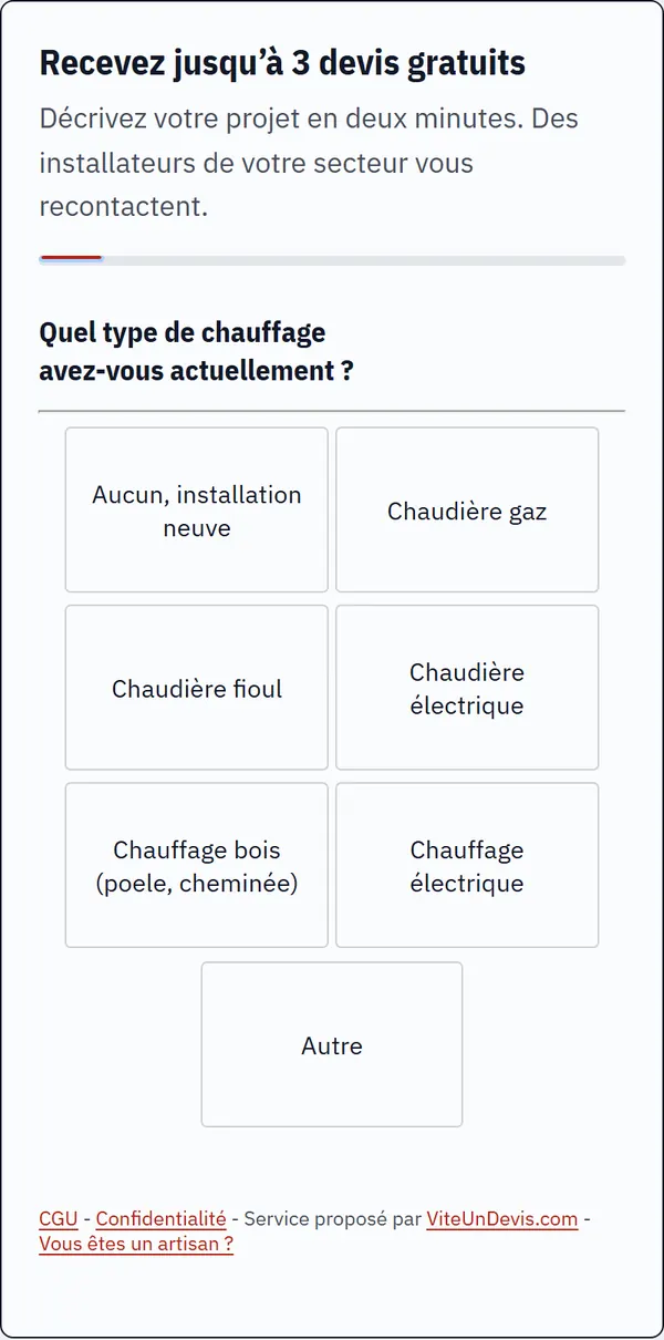 Formulaire de demande de devis ViteUnDevis, première question sur le chauffage actuel