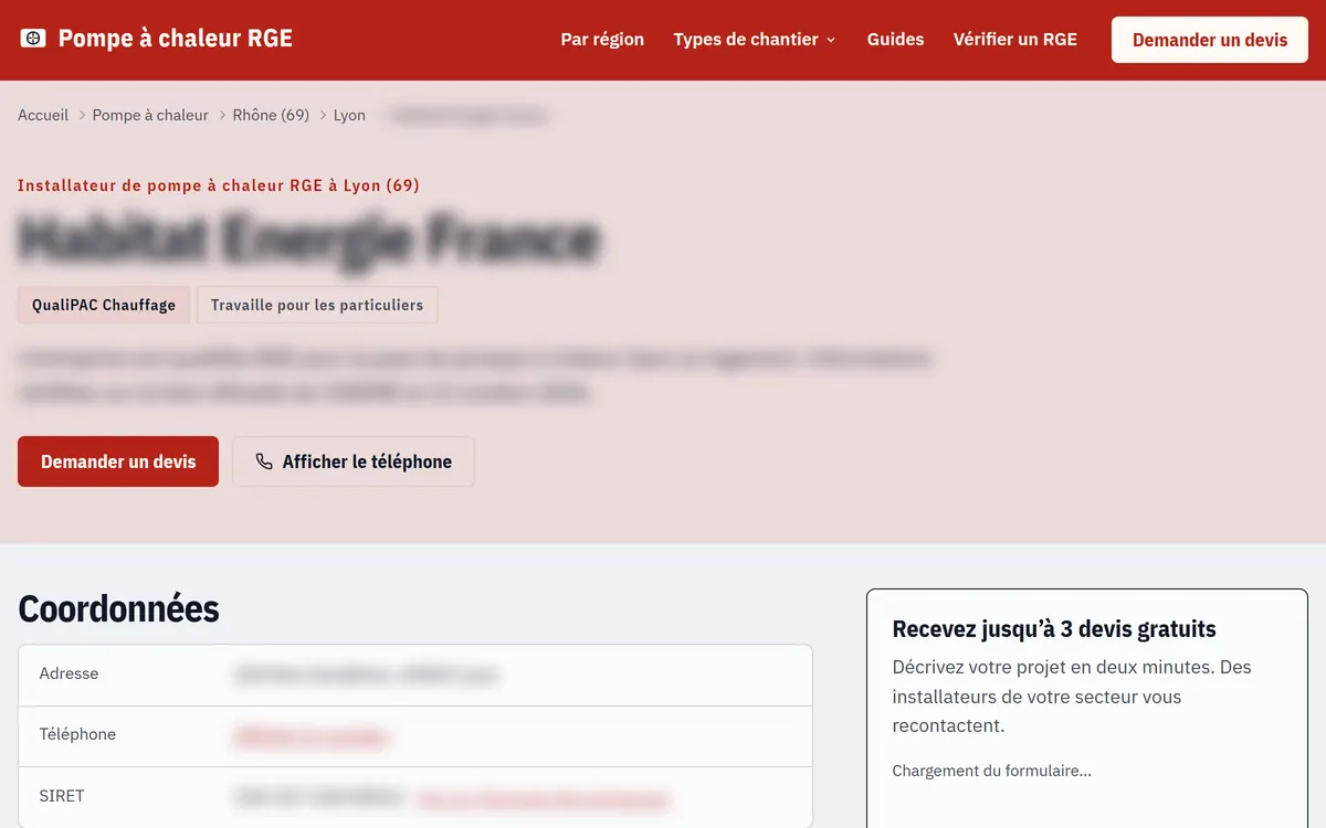 Fiche d’une entreprise avec ses qualifications, ses coordonnées et un bouton de demande de devis