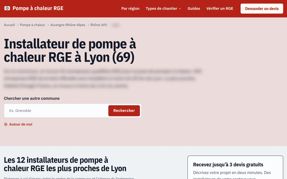 Page de la commune de Lyon avec le nombre d’entreprises et le formulaire de devis