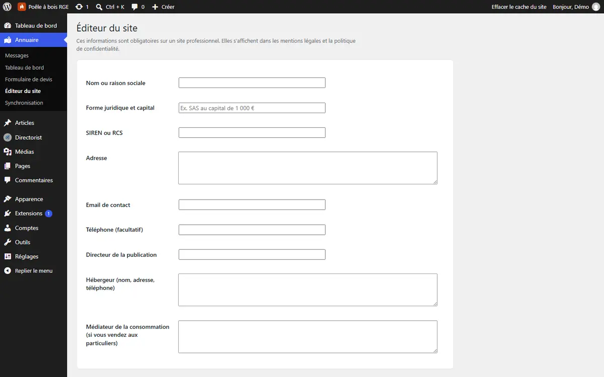 Formulaire Éditeur du site avec les champs raison sociale, adresse, email et hébergeur