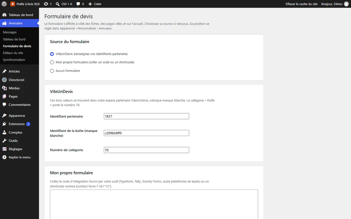 Page Formulaire de devis avec le choix de la source et les identifiants ViteUnDevis