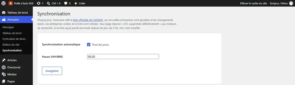 Page Synchronisation avec la mise à jour automatique activée chaque jour